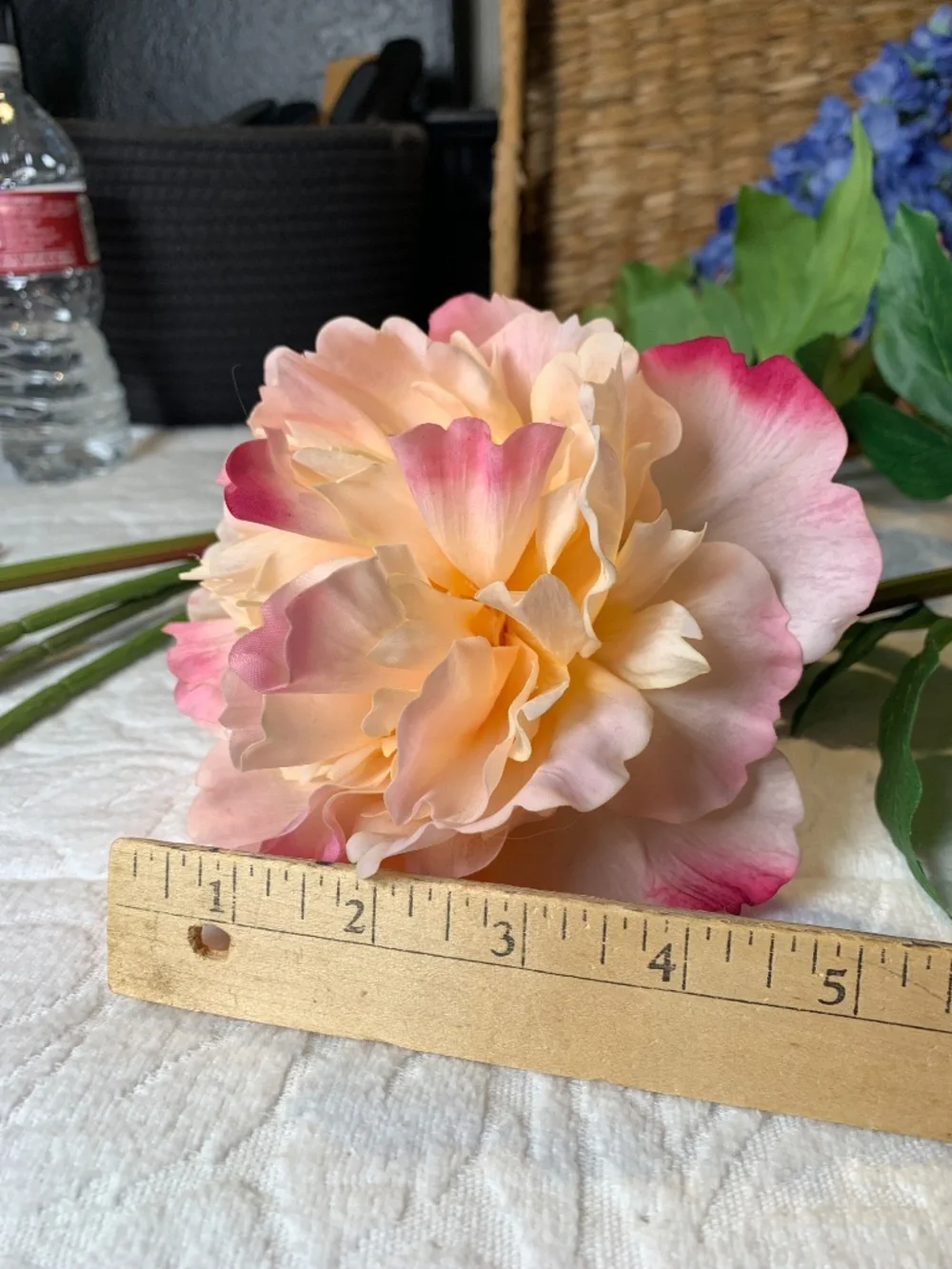 5 Faux floral stems-blue Delphiums, peachy pink peonies.